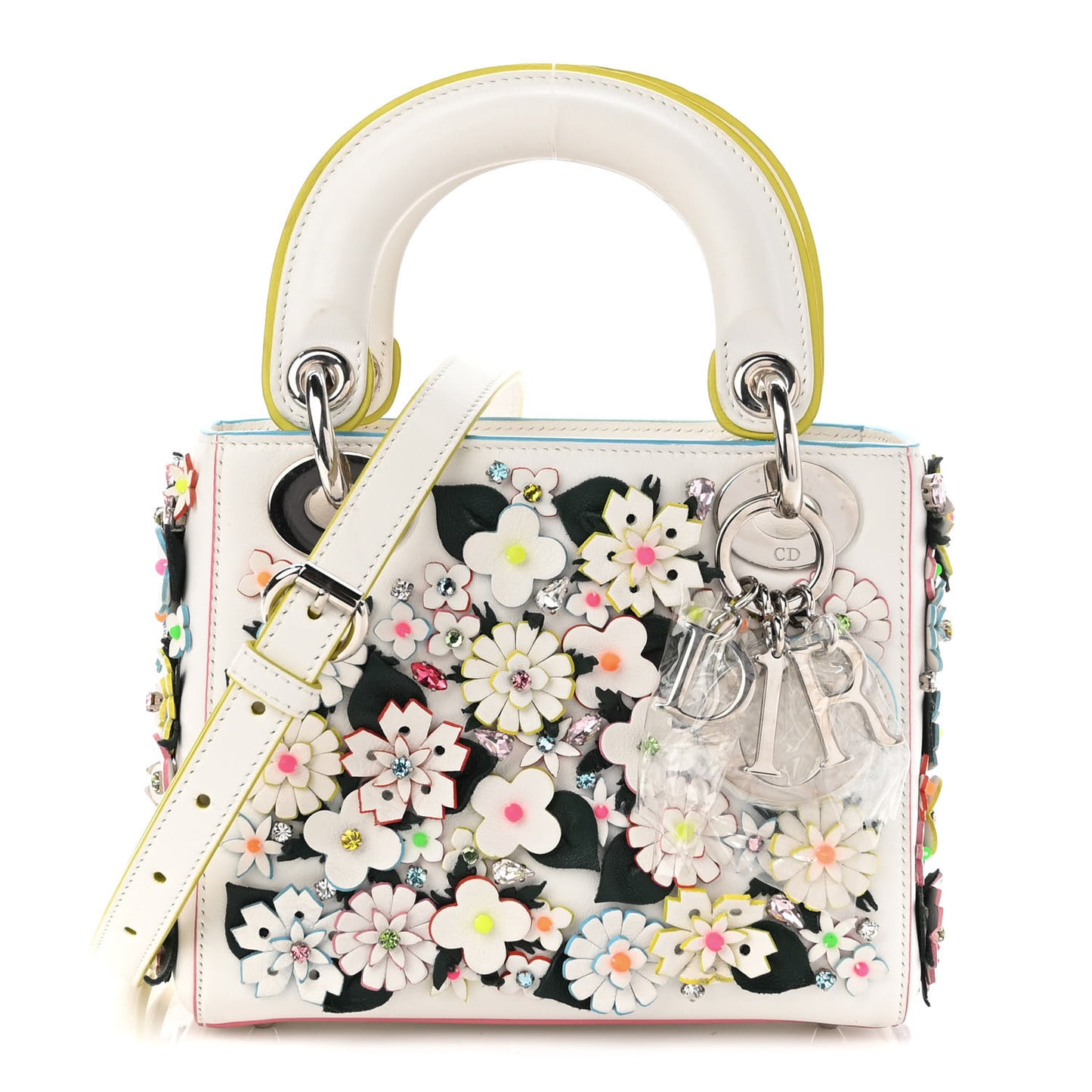 Calfskin Beaded Floral Embroidered Mini Lady Dior White Multicolor