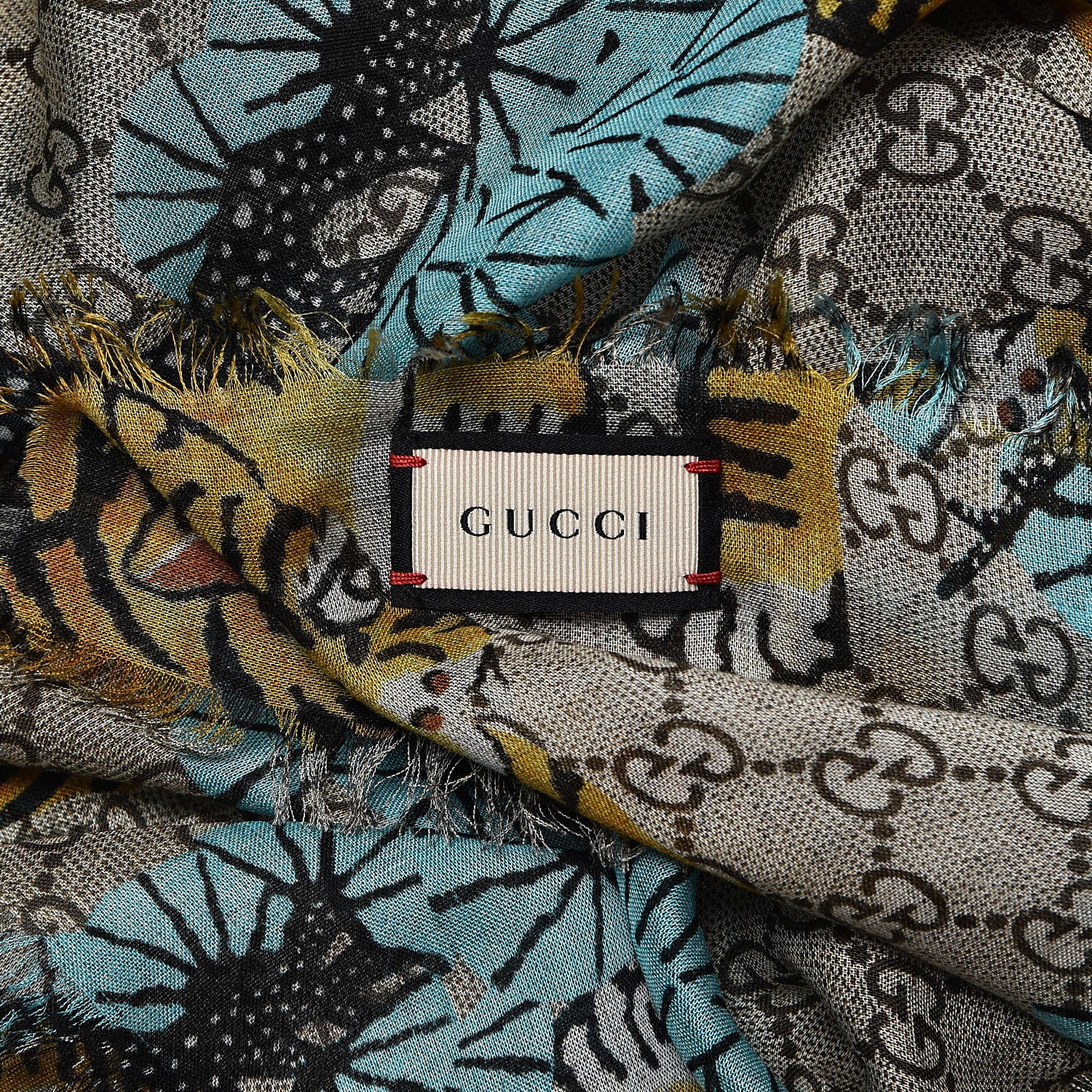 Gucci Modal Silk GG Monogram Supreme Tiger Shawl Rope Sky Blue 4 of 4