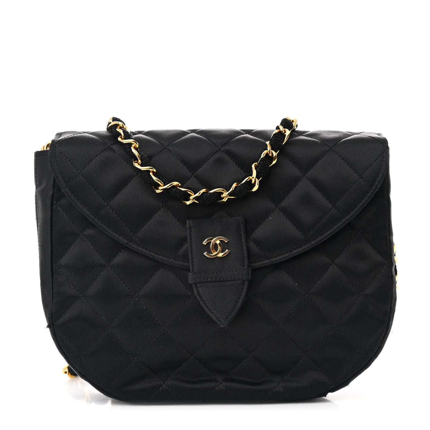 Satin Quilted Half Moon Flap Black