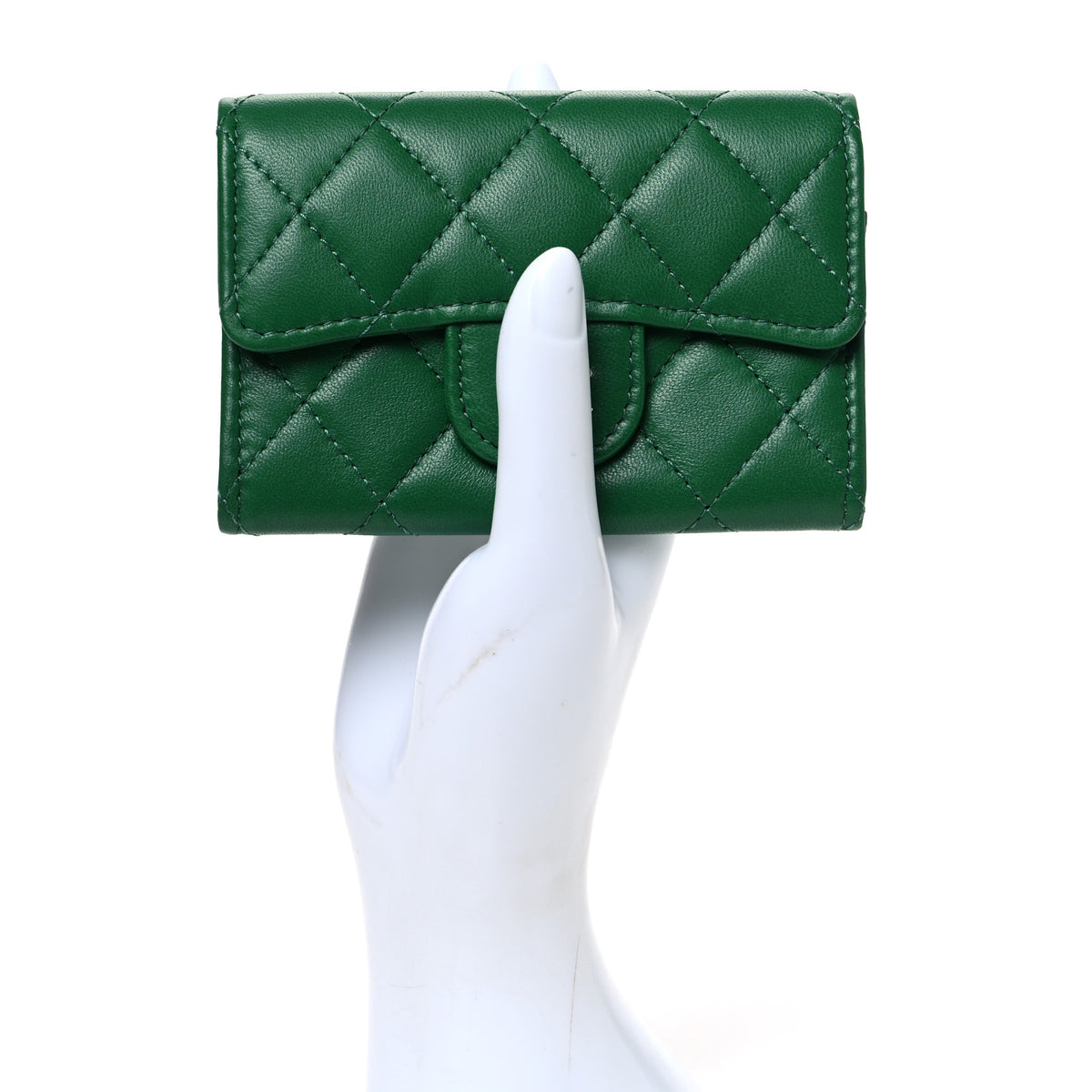 Chanel Lambskin Quilted Flap Card Holder Wallet Green 2 of 9