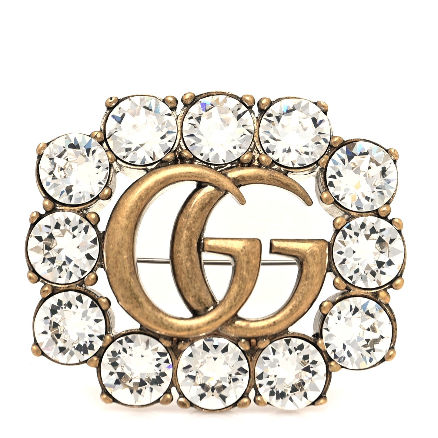 Metal Crystal Double G Brooch Aged Gold
