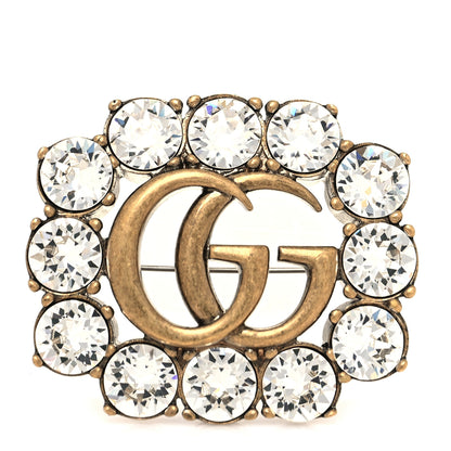 Gucci Metal Crystal Double G Brooch Aged Gold 1 of 4