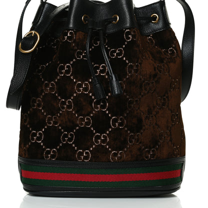 Gucci Velvet GG Monogram Textured Calfskin Web Bucket Bag Brown Black 17 of 25