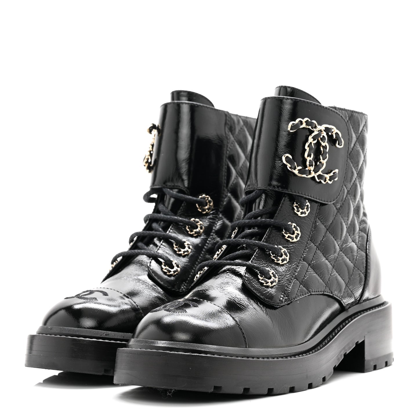 Shiny Calfskin Quilted Lace Up Combat Boots 36 Black