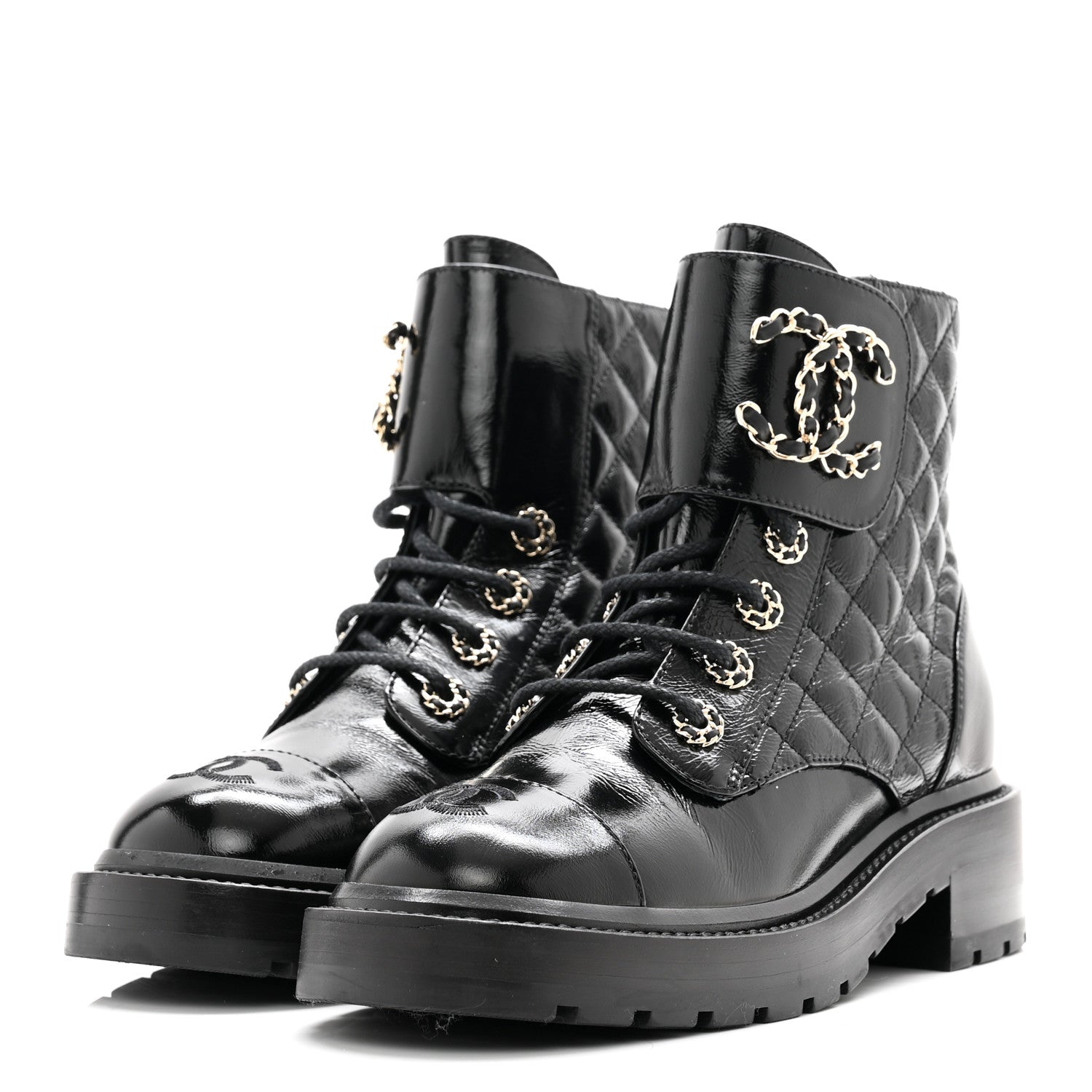 Chanel Shiny Calfskin Quilted Lace Up Combat Boots 36 Black 3 of 11