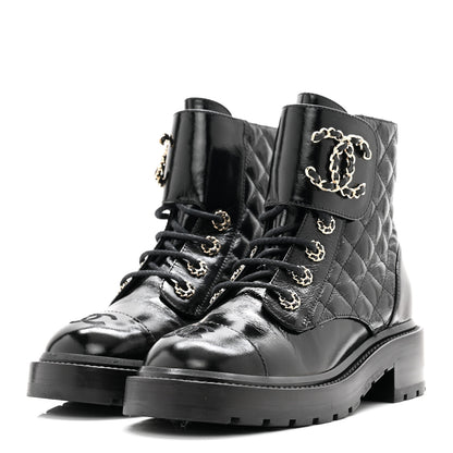 Chanel Shiny Calfskin Quilted Lace Up Combat Boots 36 Black 3 of 11