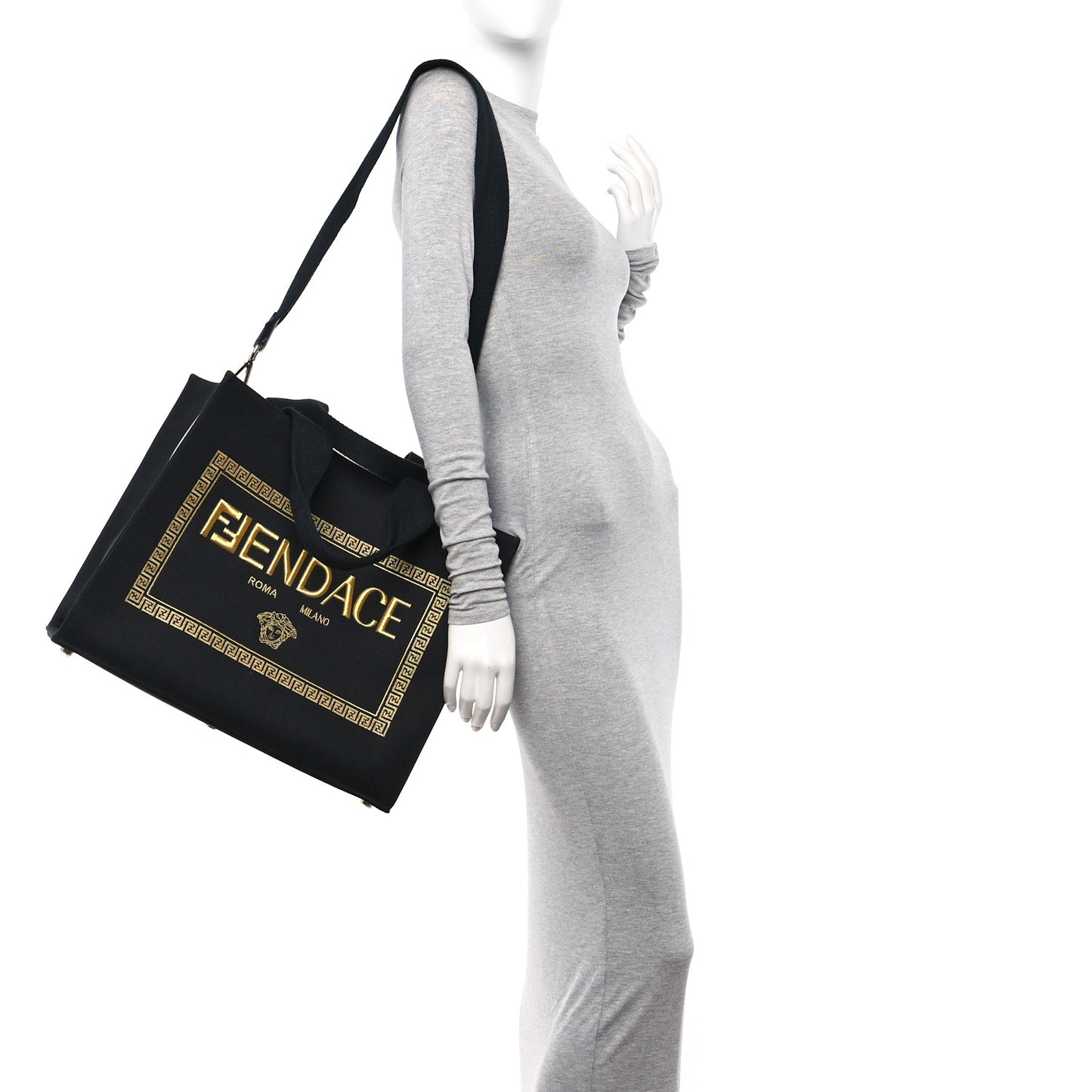 X VERSACE Cotton Canvas Cuoio Romano Fendace Logo Embroidered Signature Shopping Tote Black Gold
