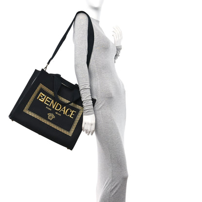 Fendi X VERSACE Cotton Canvas Cuoio Romano Fendace Logo Embroidered Signature Shopping Tote Black Gold 2 of 10