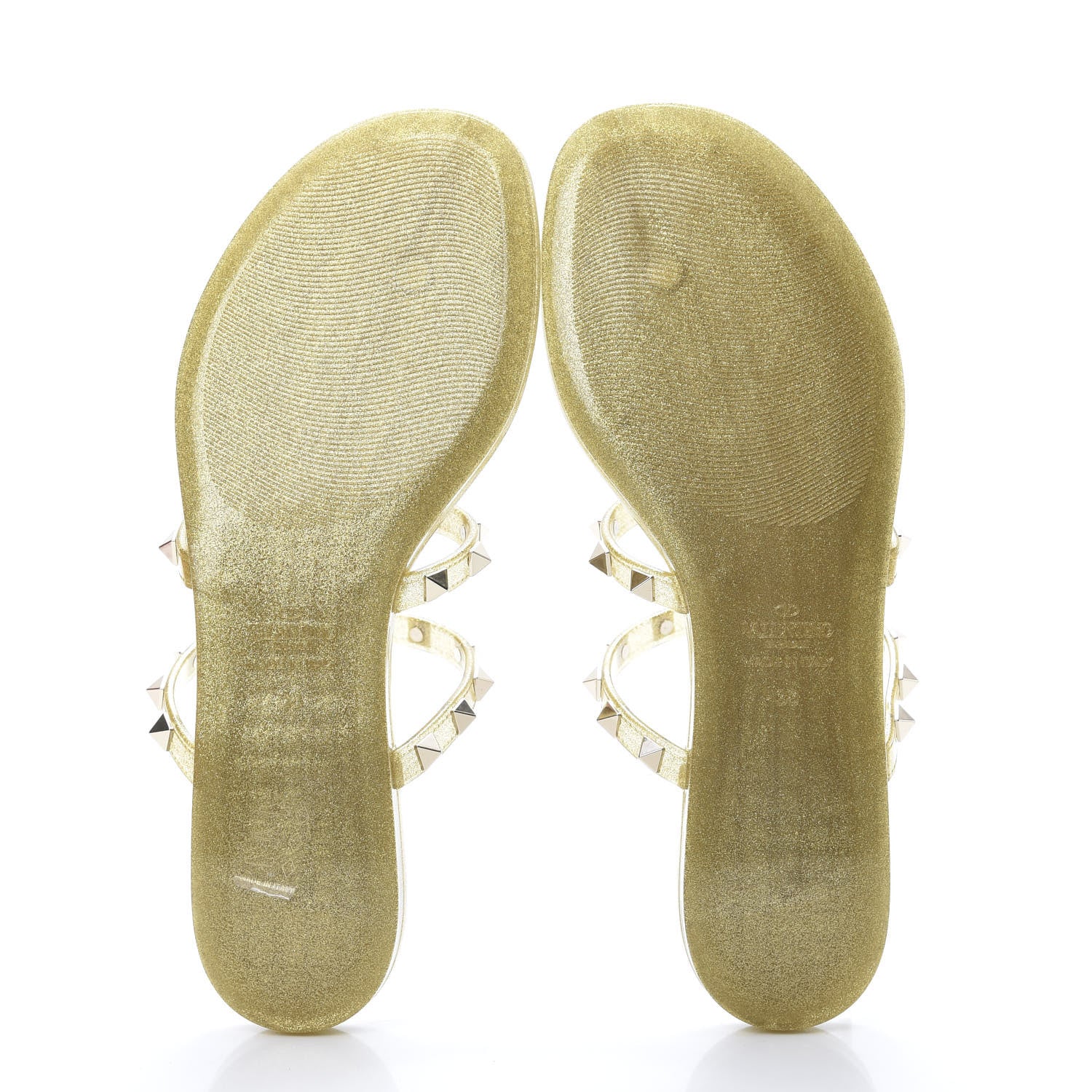 Valentino Garavani PVC Jelly Glitter Rockstud Caged Flat Thong Sandals 38 Oro 5 of 8