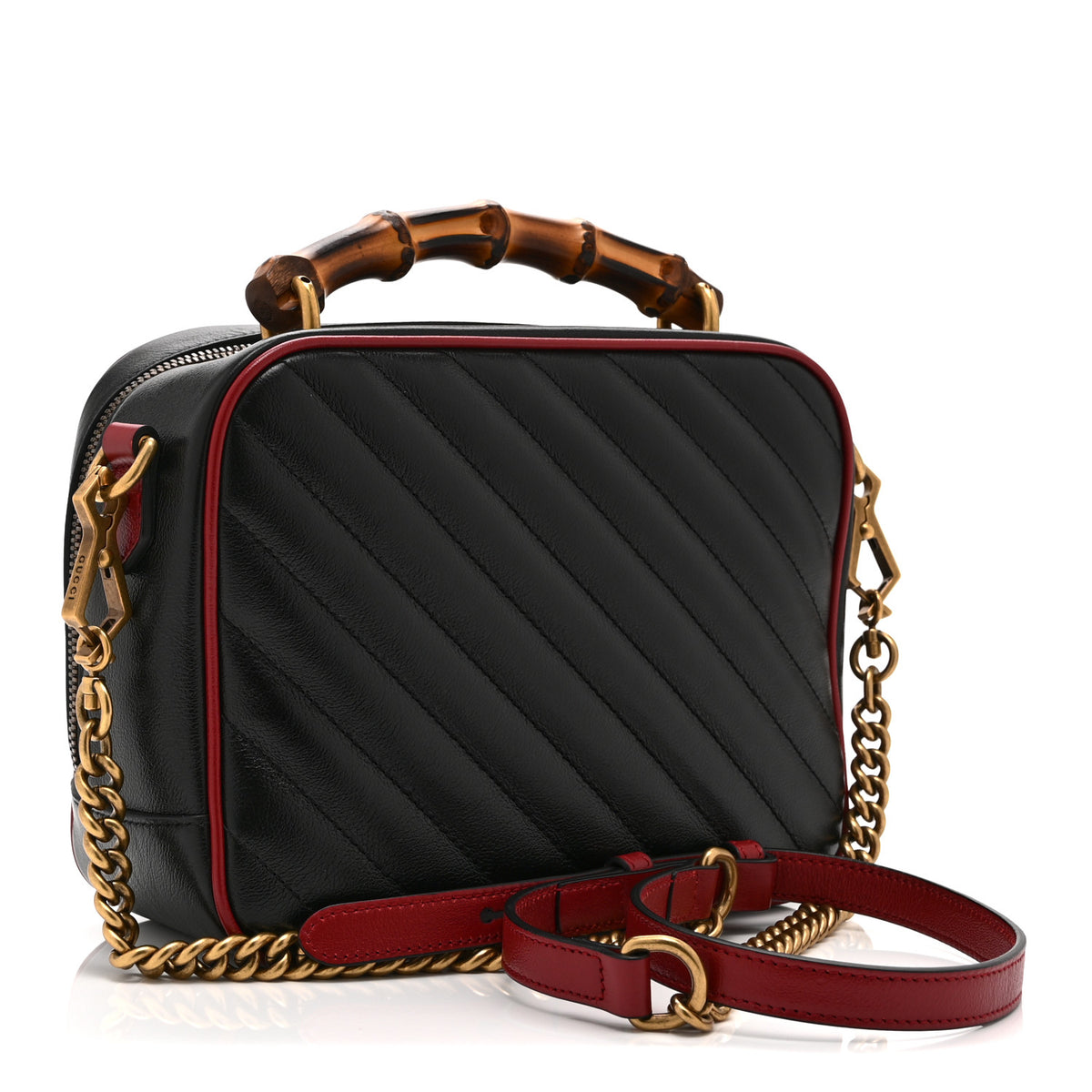 Gucci Vintage Effect Calfskin Matelasse Diagonal Small Torchon GG Marmont Bamboo Top Handle Shoulder Bag Black Romantic Cherry 3 of 11