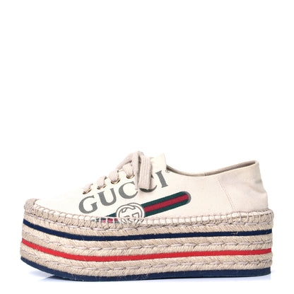 Gucci Canvas Logo Lace-Up Platform Espadrilles 35 Greggio Grege 1 of 4