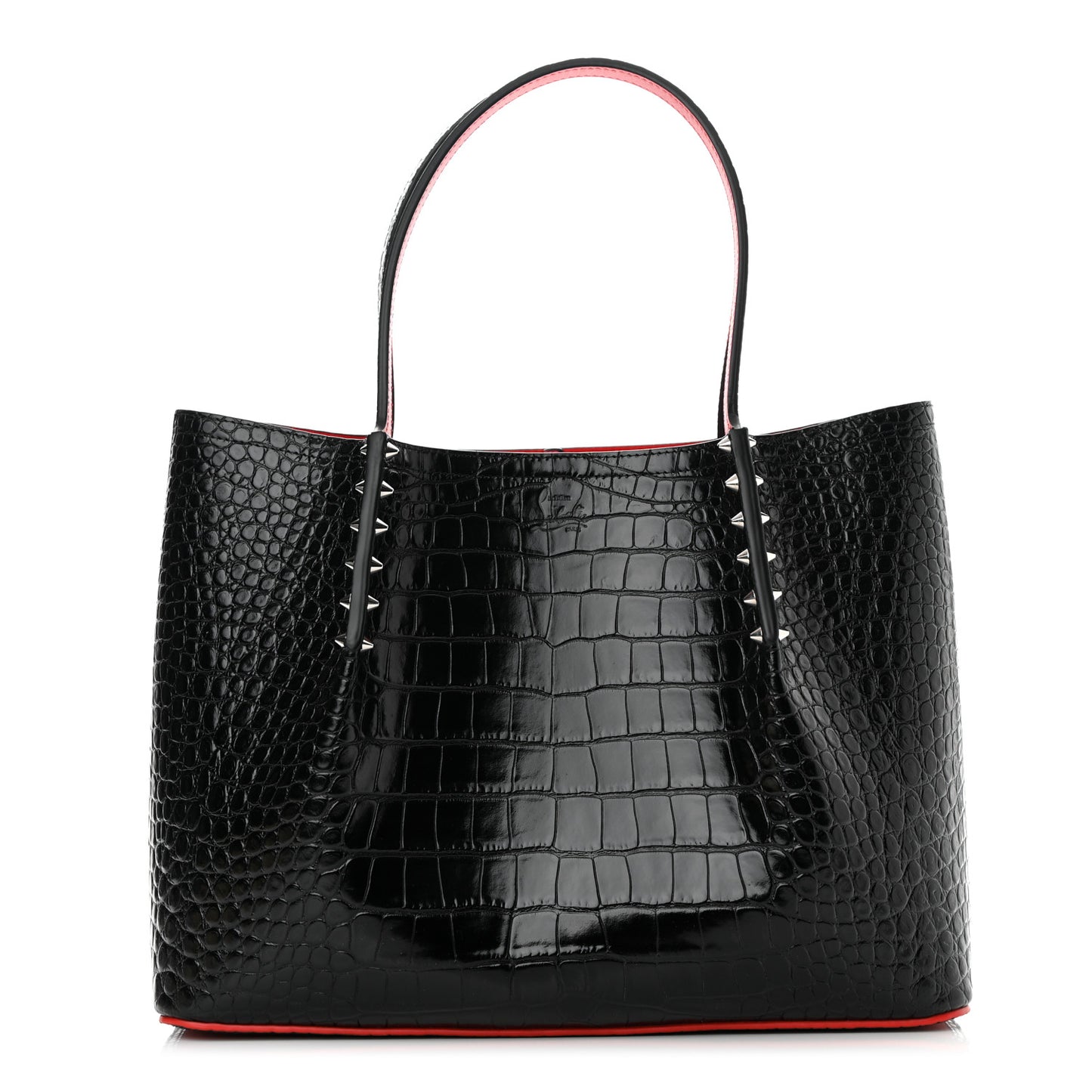 Crocodile Embossed Calfskin Spiked Small Cabarock Shopper Tote Black