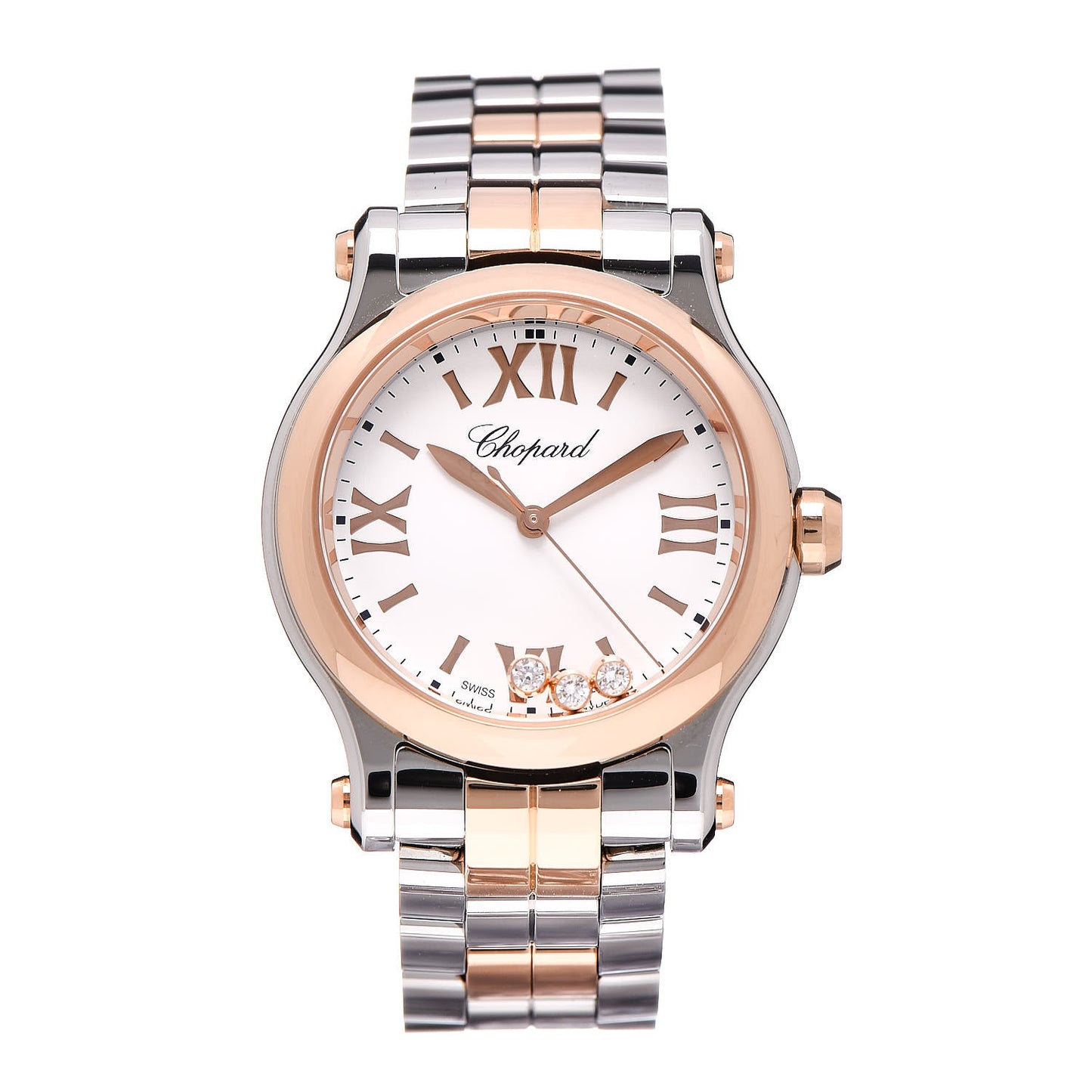 Stainless Steel 18K Rose Gold 3 Diamond 30mm Happy Sport Quartz Watch