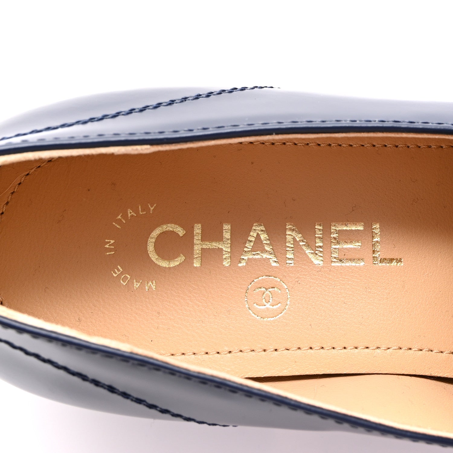 Chanel Shiny Calfskin Logo Loafers 39 Navy 9 of 11