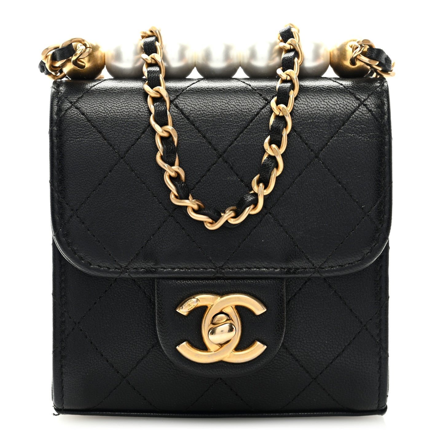 Goatskin Chic Pearls Clutch On Chain Black