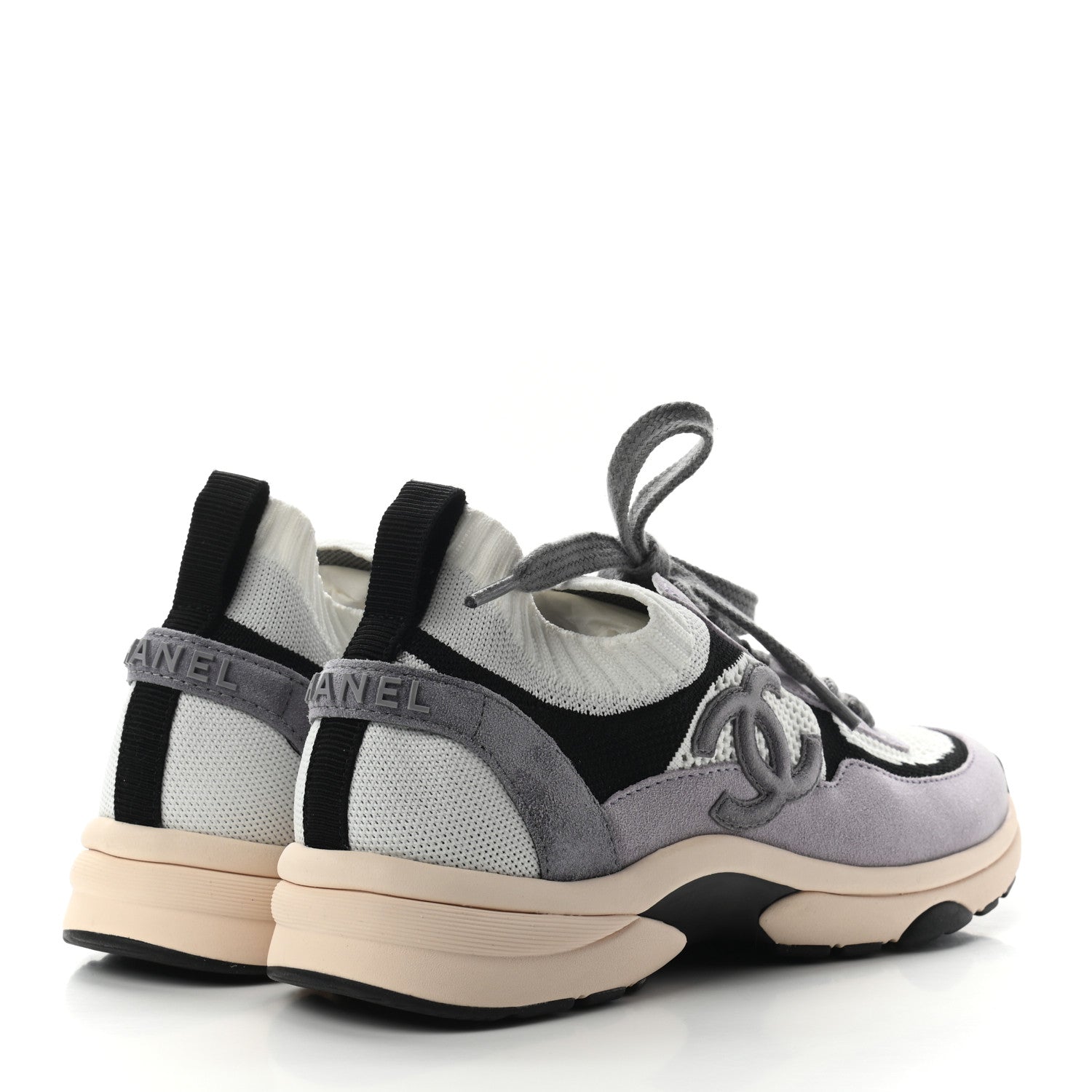 Chanel Mesh Suede Fabric Womens CC Sneakers 38 White Black Purple Dark Purple 3 of 7