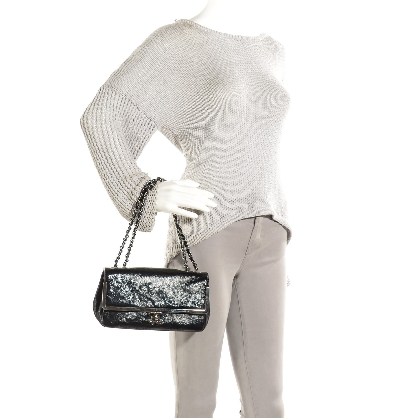 Distressed Patent Calfskin Small Frame Single Flap Black