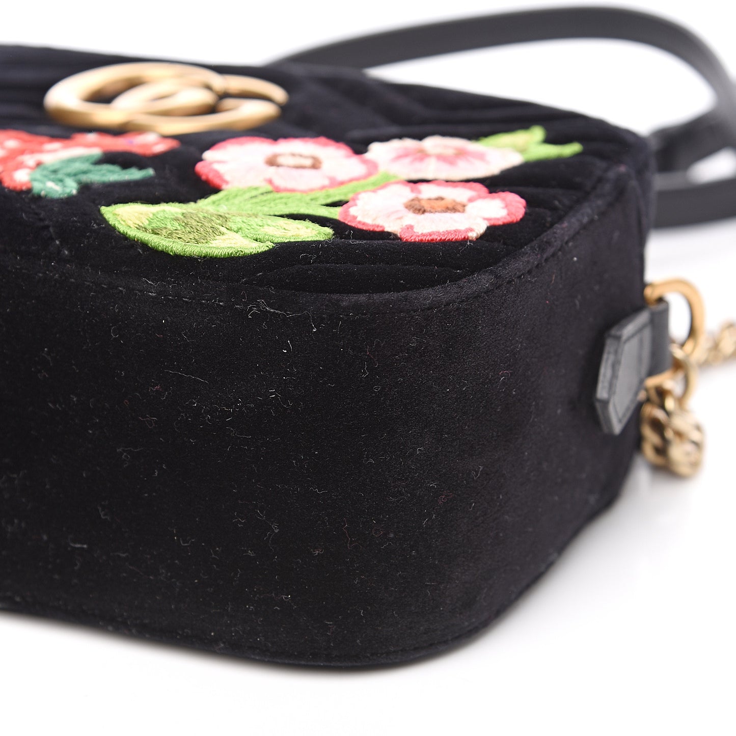 Velvet Matelasse Deer Embroidered Small GG Marmont Chain Shoulder Bag Black