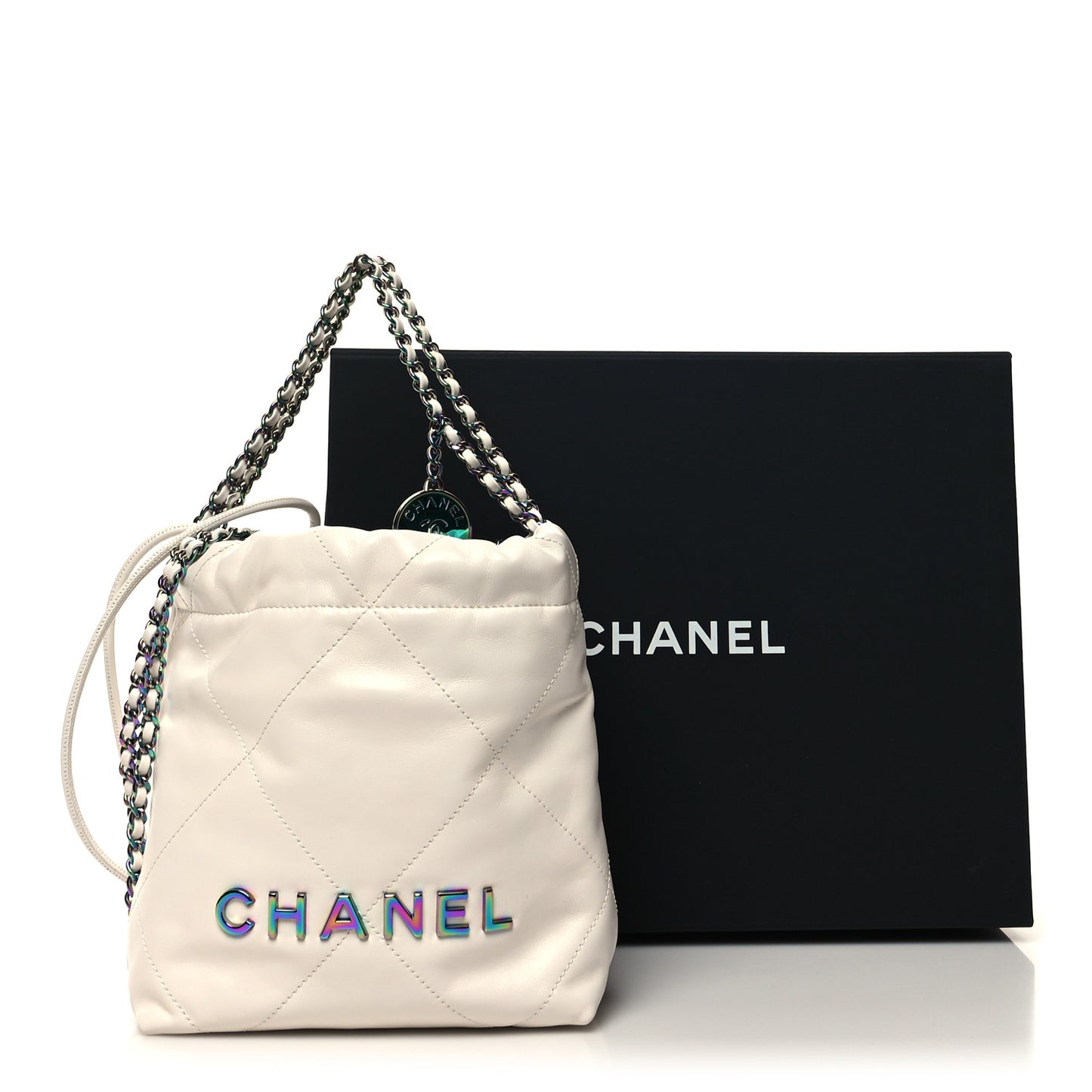 Shiny Calfskin Quilted Rainbow Mini Chanel 22 White