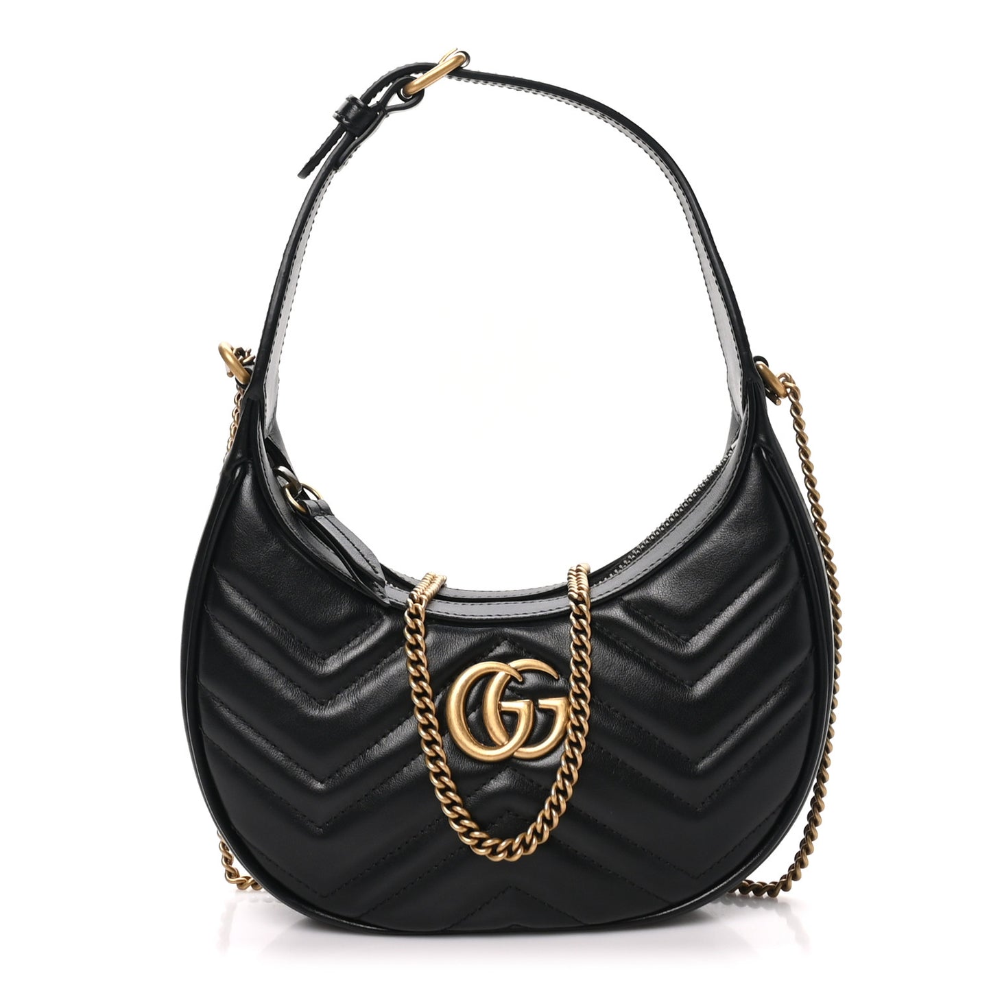 Calfskin Matelasse Chevron Mini GG Marmont Half Moon Hobo Black