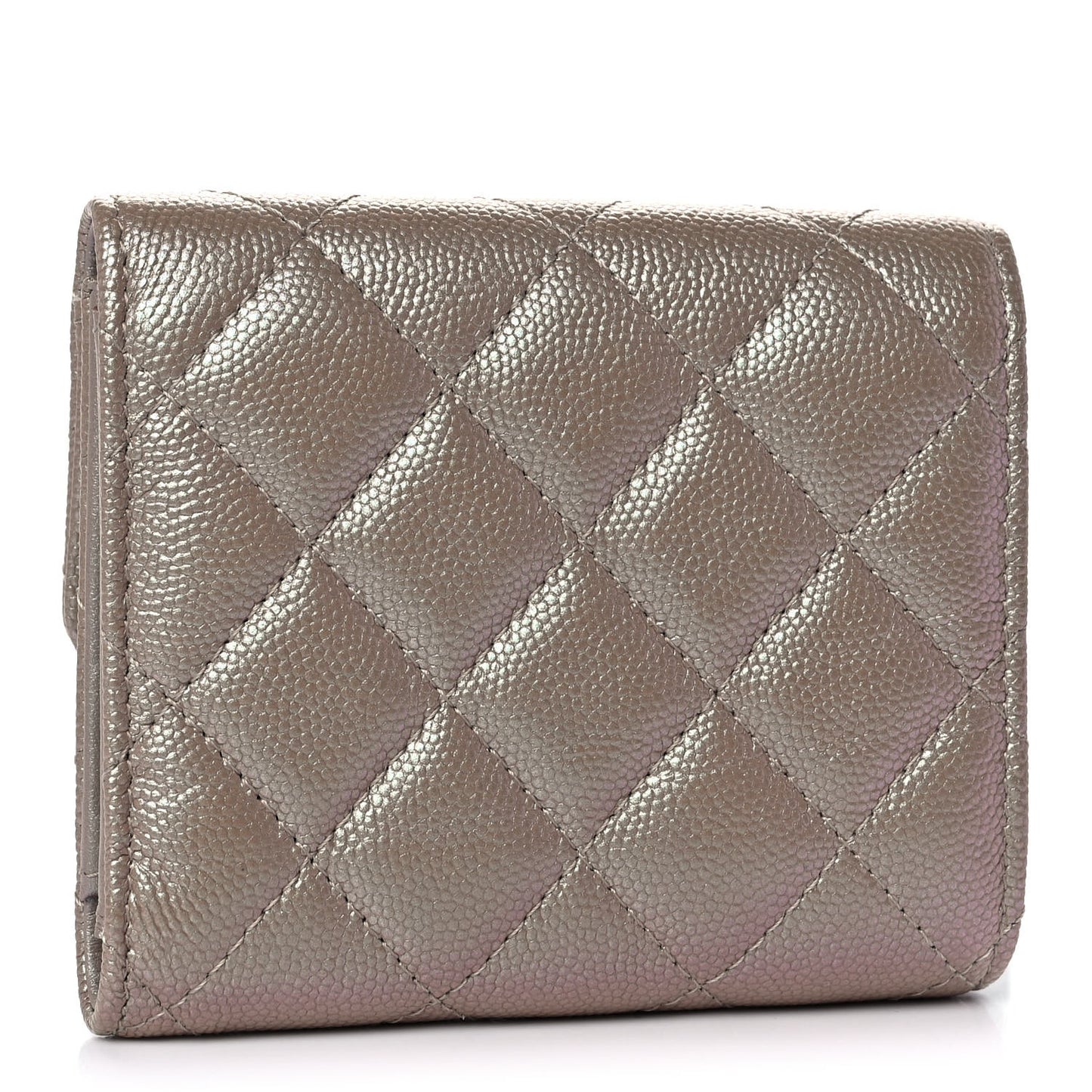 Iridescent Caviar Quilted Small Flap Wallet Beige