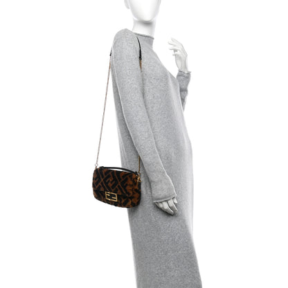 Fendi Shearling Vitello Dolce Macro FF 1974 Mini Baguette Tobacco Black 2 of 11