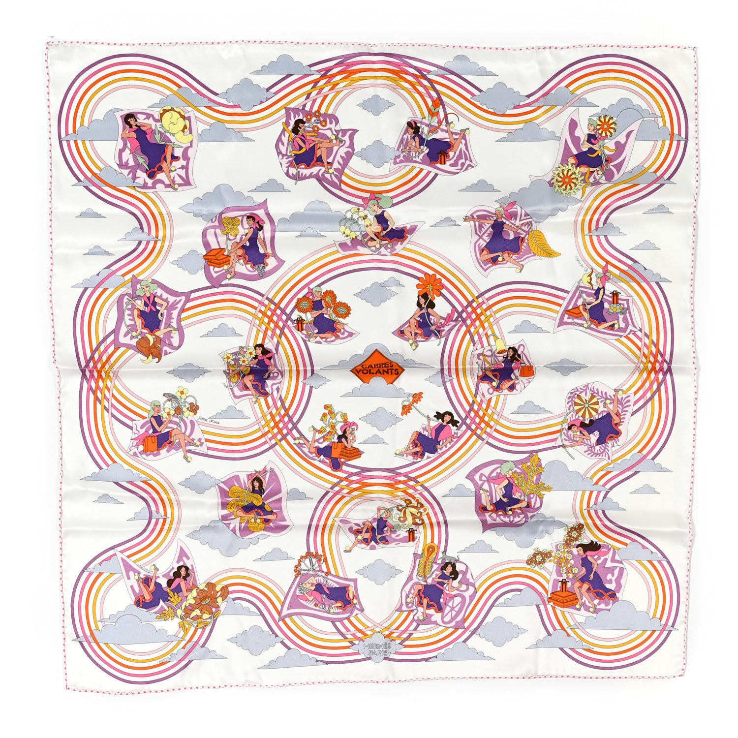 Hermes Silk Carres Volants Scarf 70 White Violet Orange 1 of 6