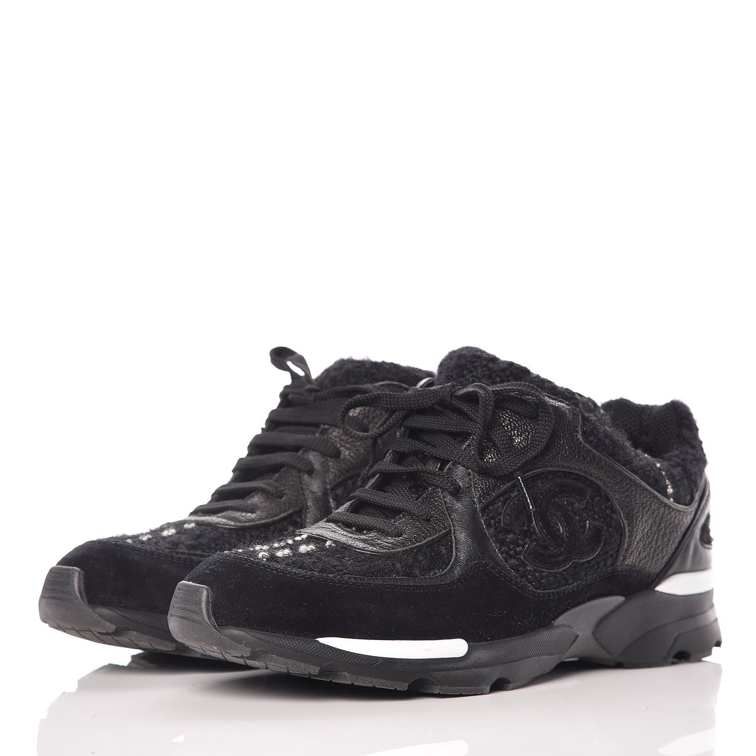 Chanel Tweed Suede Goatskin CC Sneakers 38 Black White 3 of 16