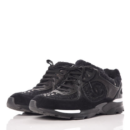Chanel Tweed Suede Goatskin CC Sneakers 38 Black White 3 of 16
