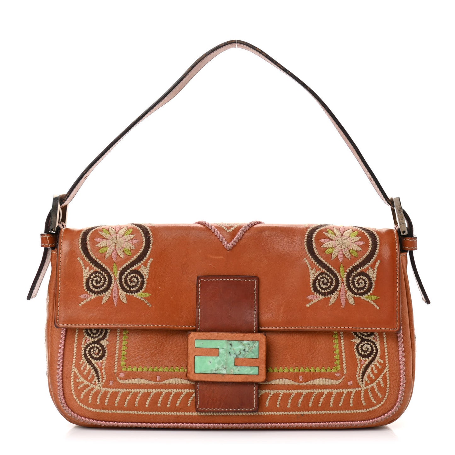Calfskin Embroidered Baguette Brown