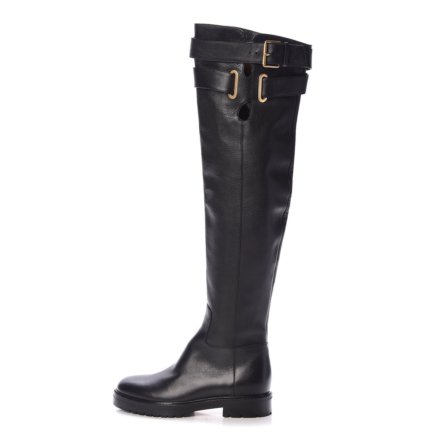 Calfskin Knee High Buckle Boots 36 Black