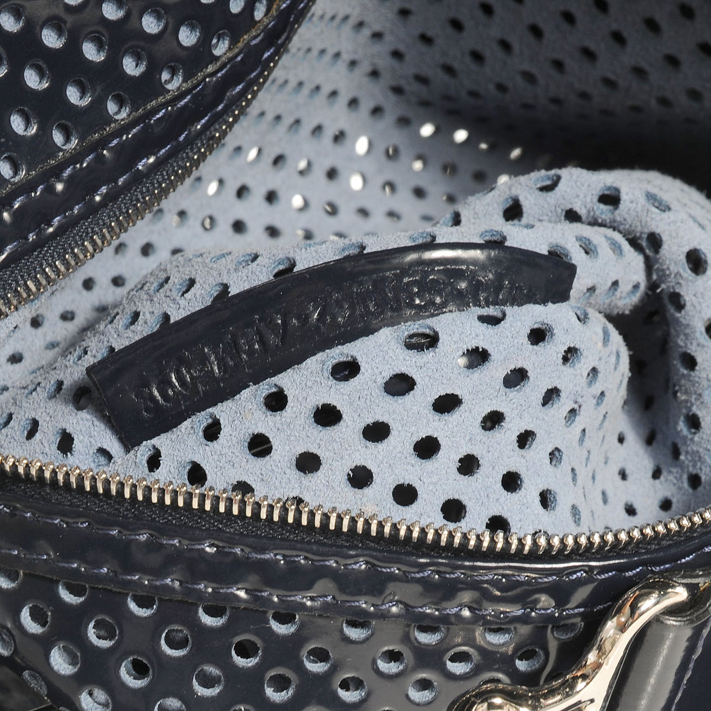 Patent Perforated Calfskin Bag De Jour Perforated Tote Navy