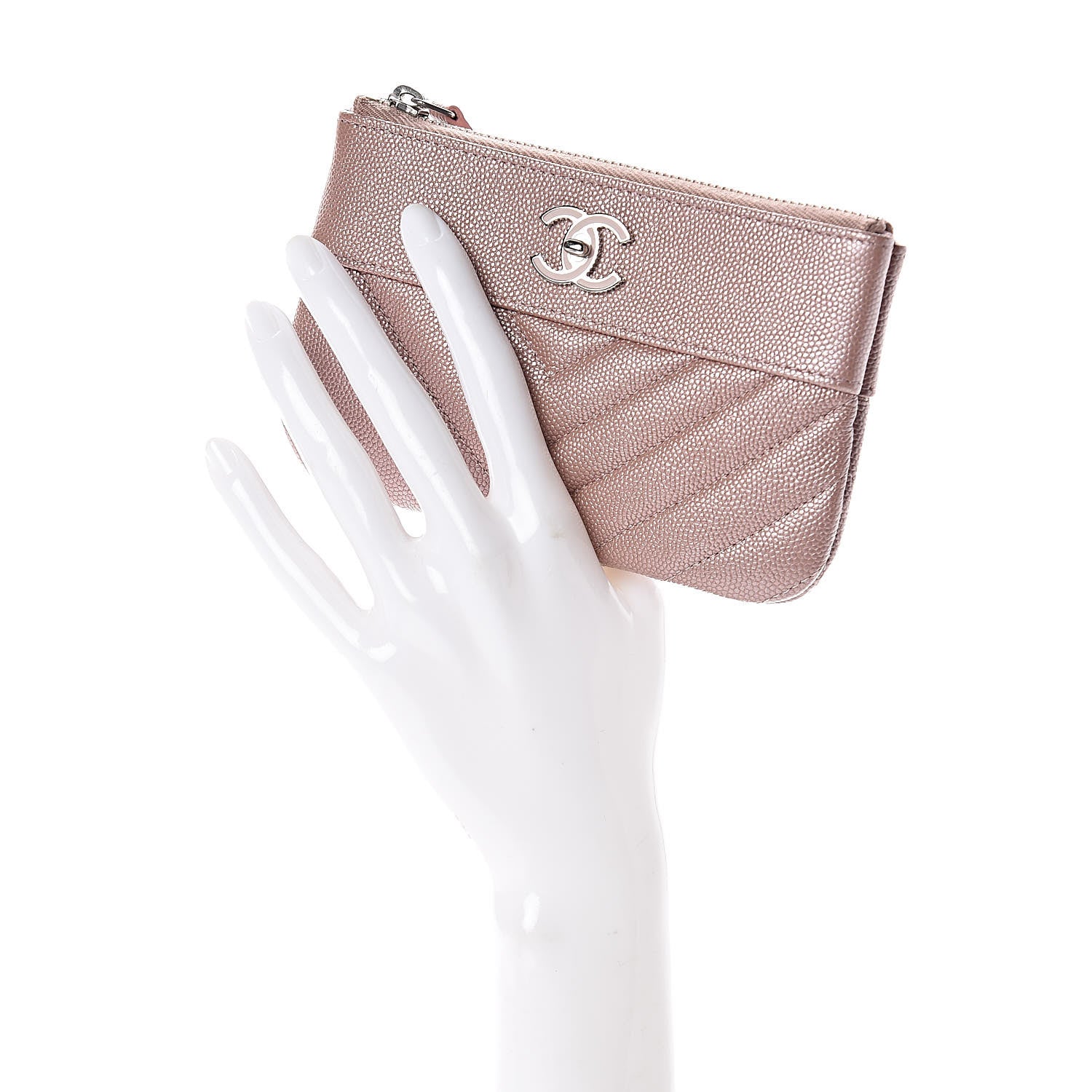 Chanel Metallic Caviar Chevron Quilted Small Vintage Mademoiselle Cosmetic Case Pink 2 of 8