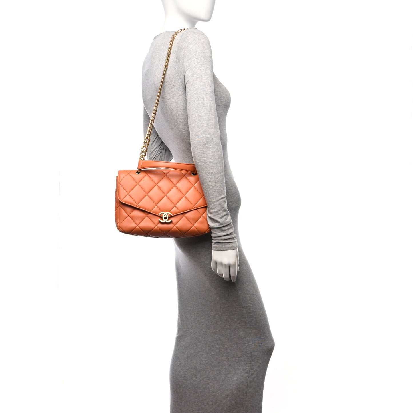 Calfskin Quilted Top Handle Flap Orange