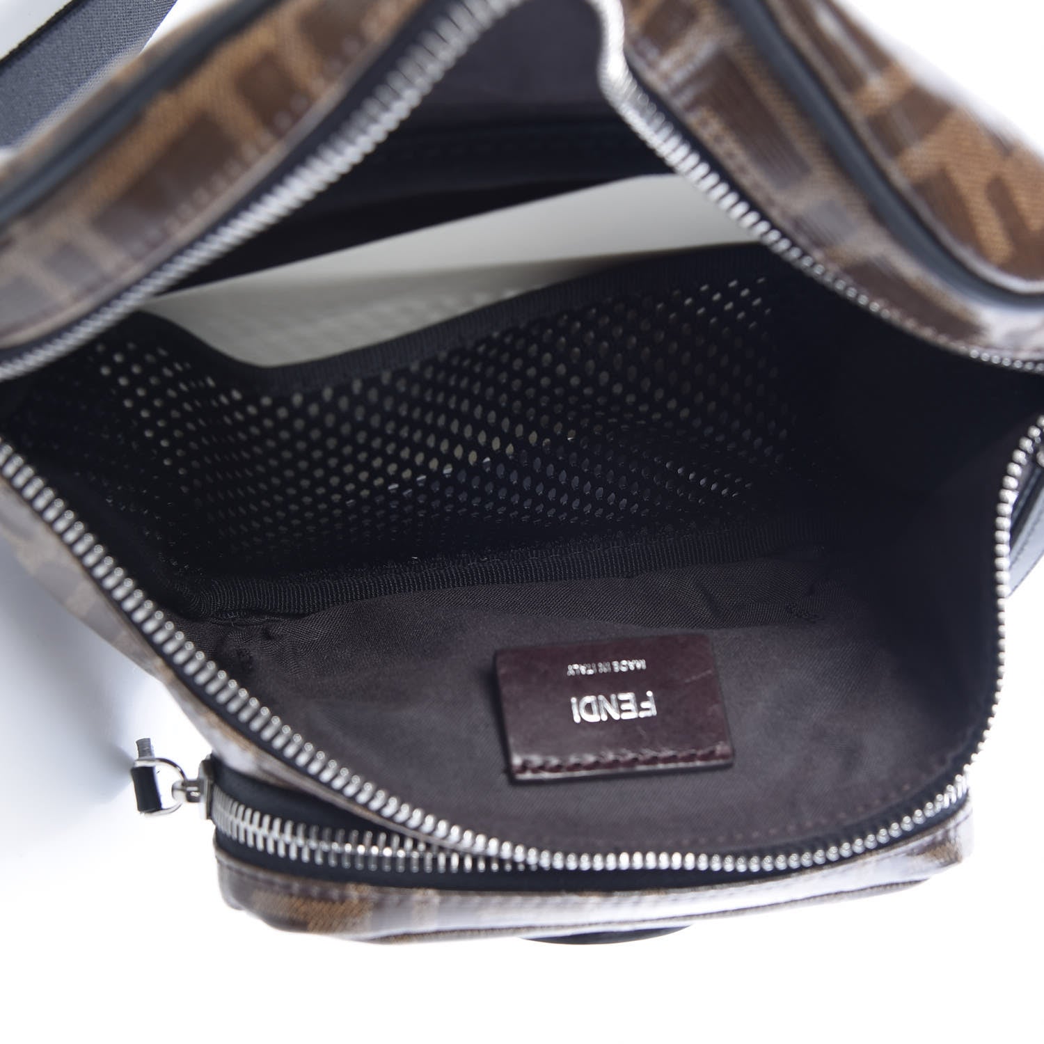 Fendi Glazed Fabric Vitello Century FF 1974 Stamp Patch Mens Pocket Belt Bag Mogano Panna Black 5 of 7
