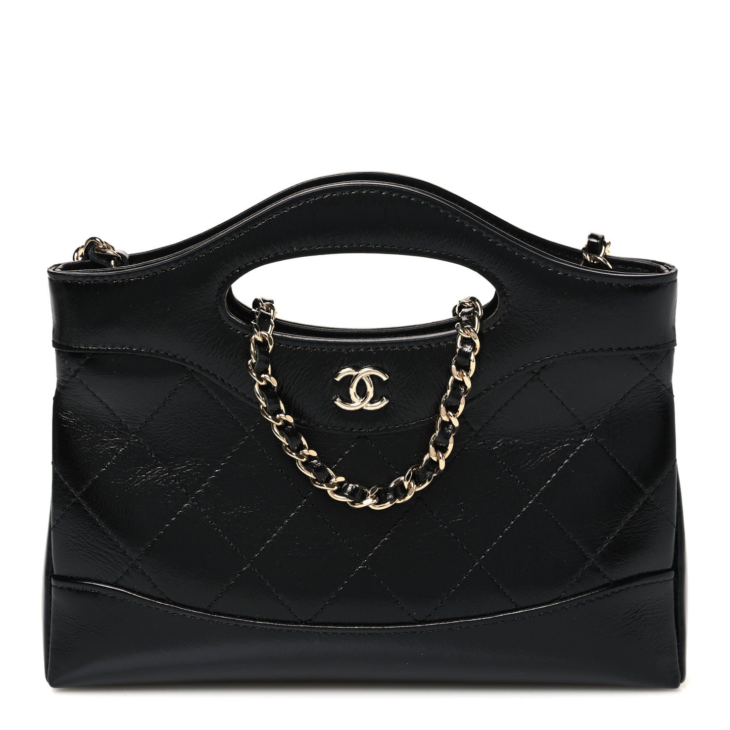 Shiny Crumpled Calfskin Quilted Nano 31 Shopping Bag Black