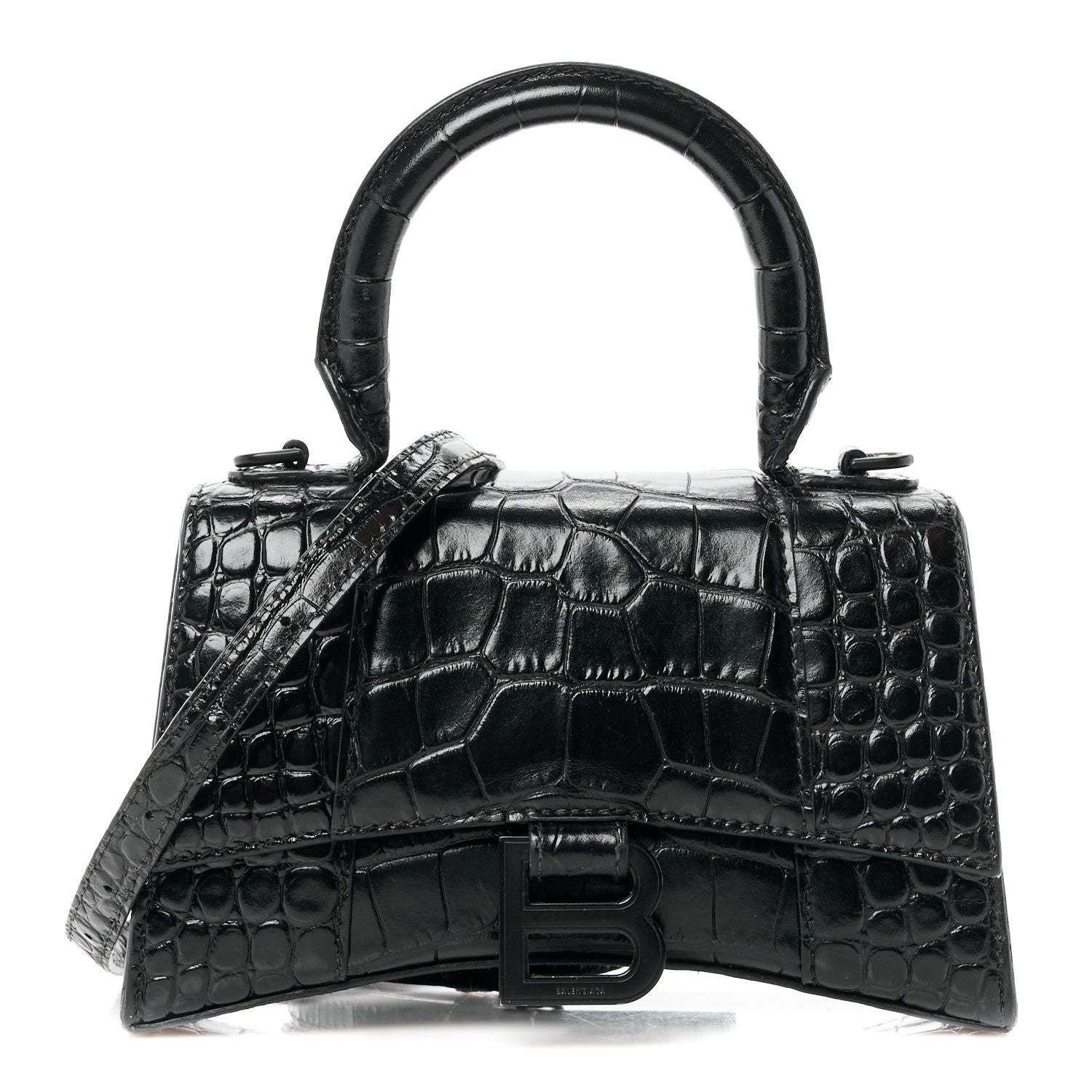 Balenciaga Shiny Calfskin Monochrome Crocodile Embossed Hourglass Top Handle Bag XS Black 1 of 10