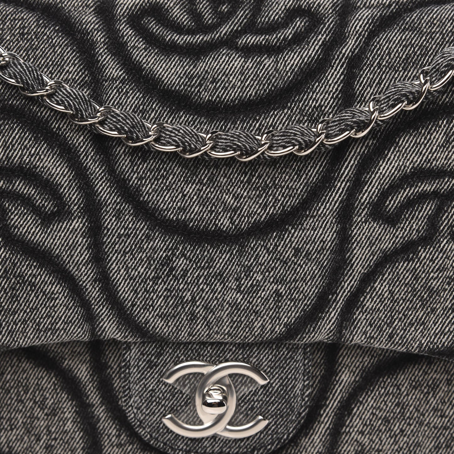 Denim Embossed CC Logo Print Jumbo Single Flap Grey Black