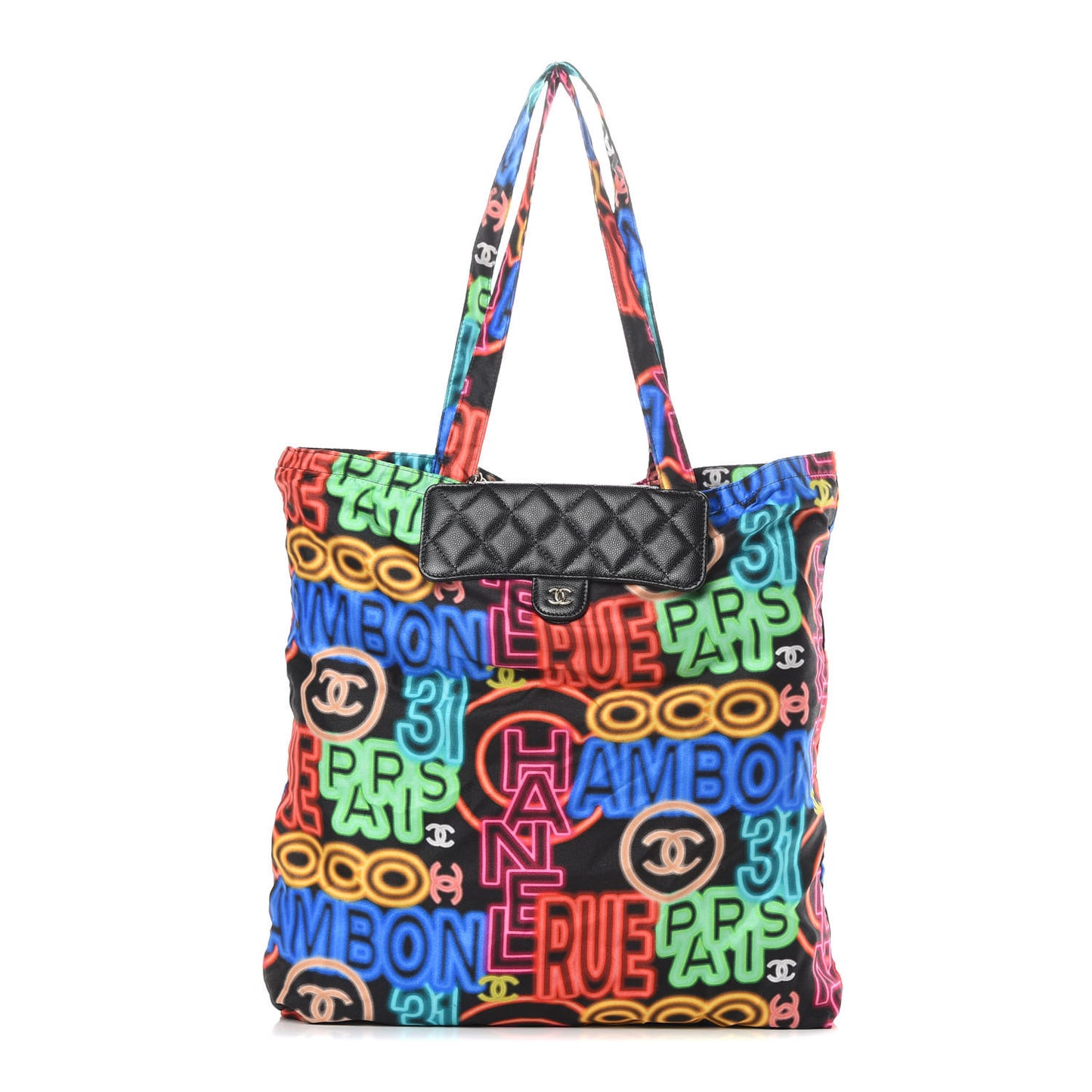 Caviar Fabric Graffiti Foldable Tote Bag With Chain Black Multicolor