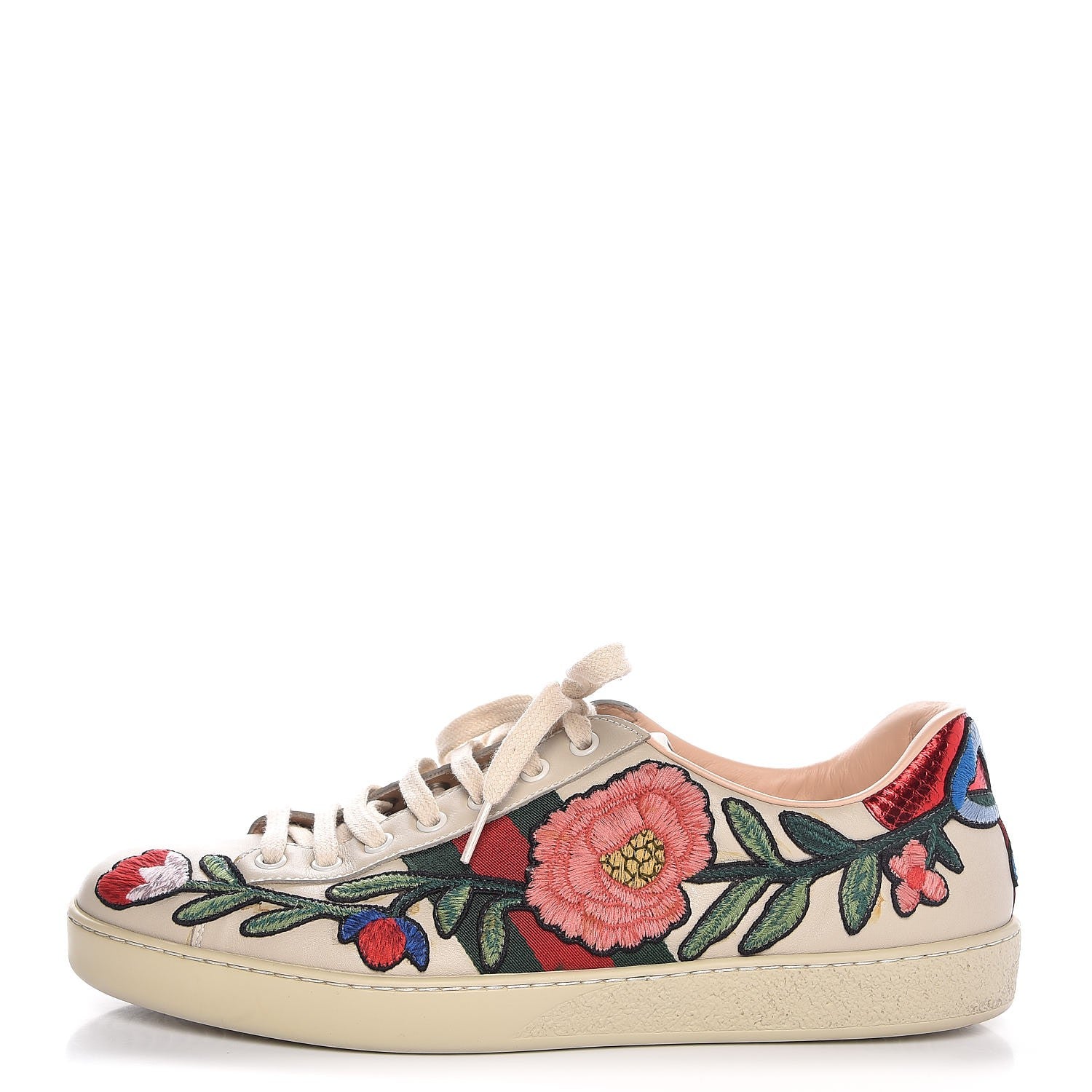 Gucci Calfskin Web Floral Embroidered Mens Ace Sneakers 9 Off White 1 of 10