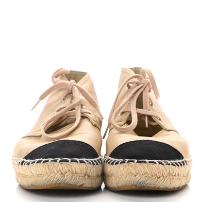 Chanel Lambskin Canvas Cap Toe Lace Up Espadrilles 38 Dark Beige Black 2 of 11