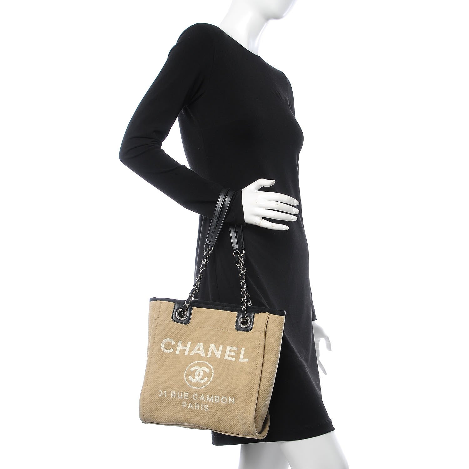 Chanel Canvas Mini Deauville Tote Beige Black 2 of 9
