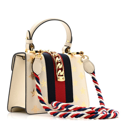Gucci Textured Calfskin Bee Star Print Mini Sylvie Top Handle Bag Mystic White 3 of 14