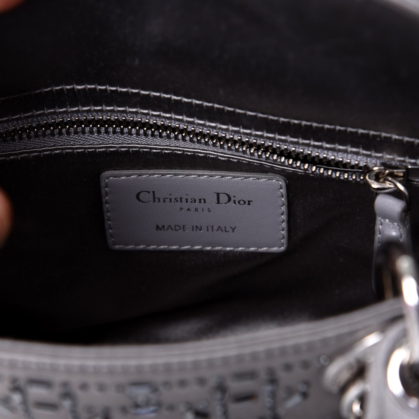 Satin Crystal Cannage Mini Lady Dior Gray