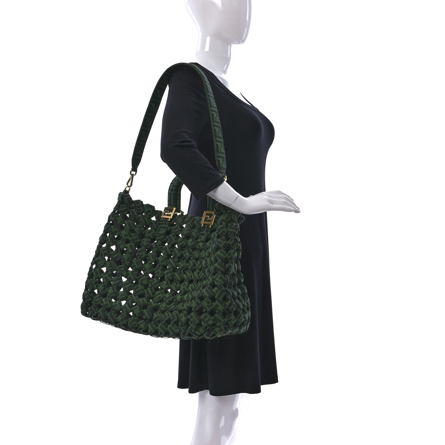 Fendi Fabric Jacquard FF 1974 Woven Knotted FF Tote Verde Black 2 of 7