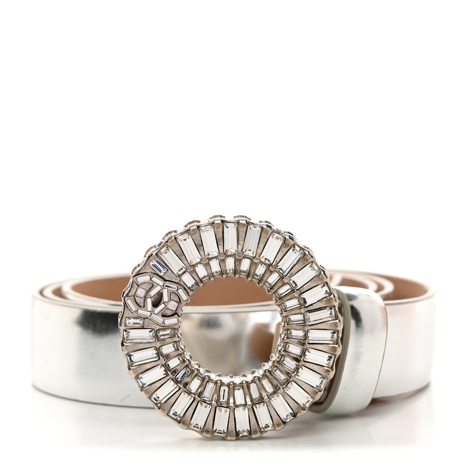 Chanel Metallic Calfskin Baguette Crystal CC Belt 85 34 Silver 1 of 8