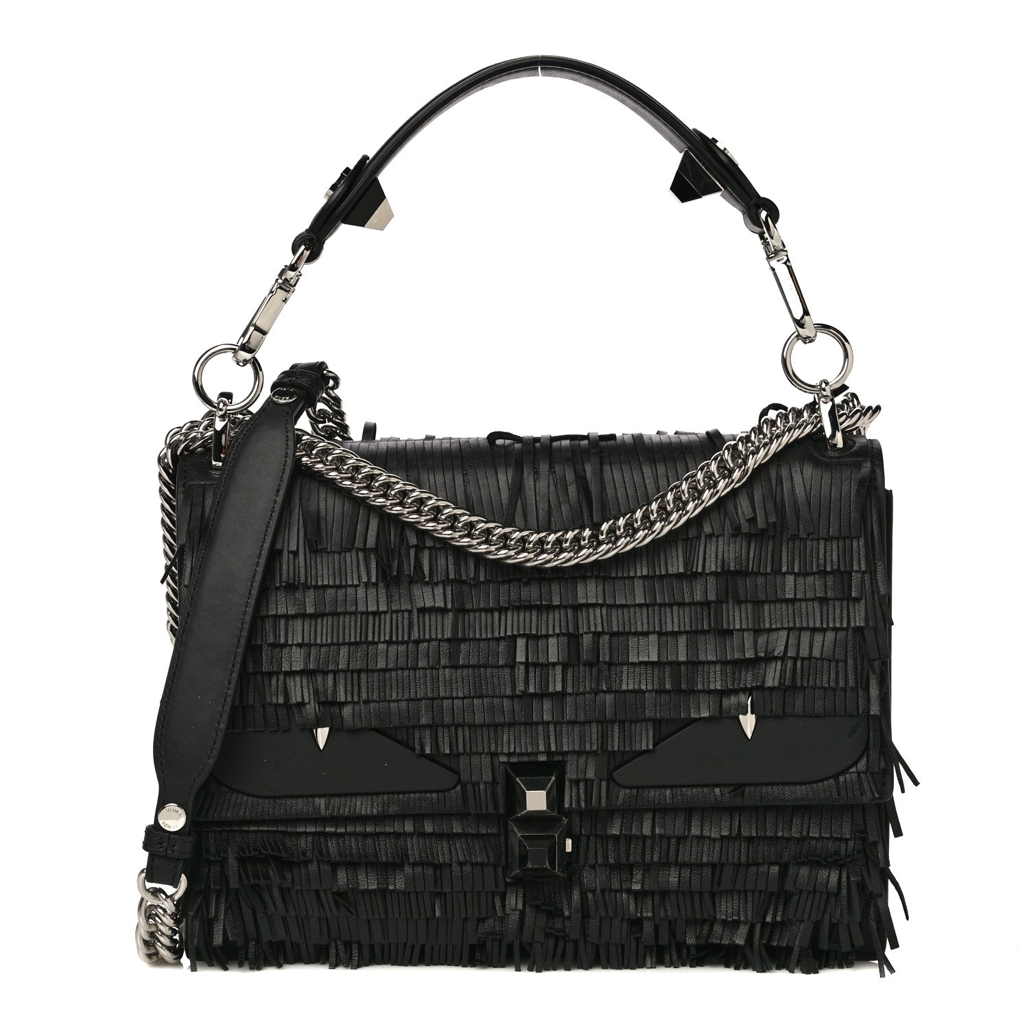 Fendi Vitello Century Opaco Monster Eyes Fringe Studded Kan I Shoulder Bag Black 1 of 10
