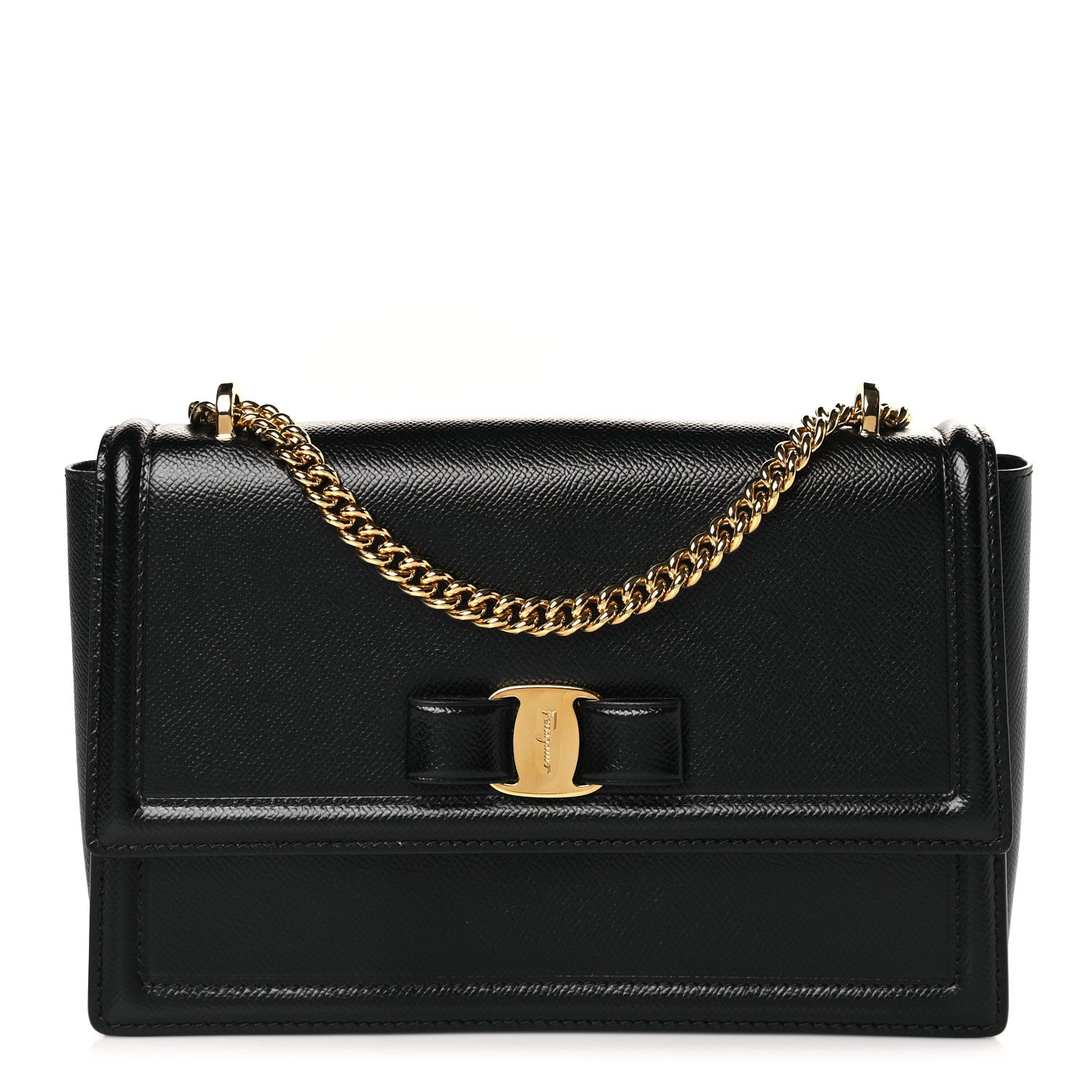 Salvatore Ferragamo Hammered Calfskin Vara Bow Chain Flap Crossbody Black 1 of 8