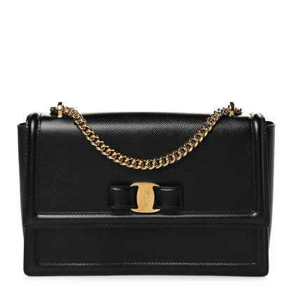 Salvatore Ferragamo Hammered Calfskin Vara Bow Chain Flap Crossbody Black 1 of 8