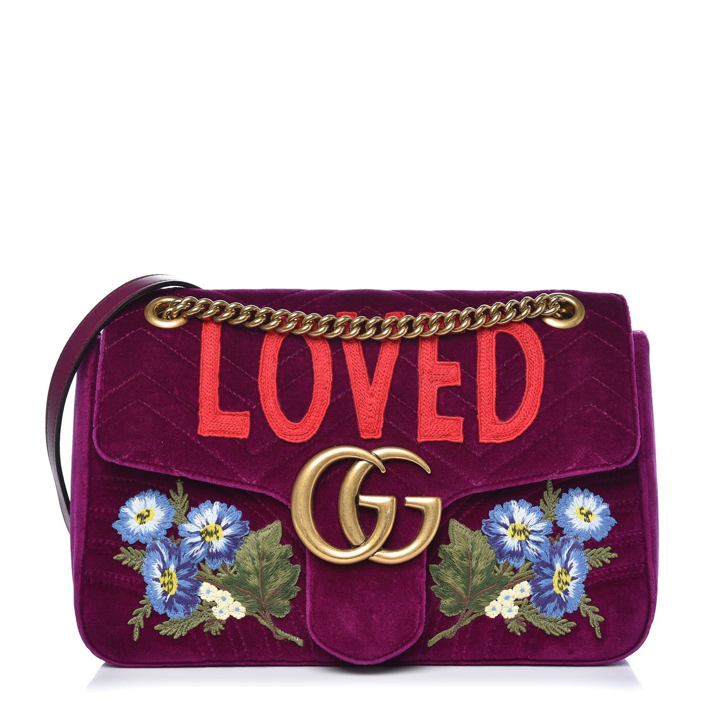 Velvet Matelasse Loved Embroidered Medium GG Marmont Shoulder Bag Fuchsia Violet Cyclamen